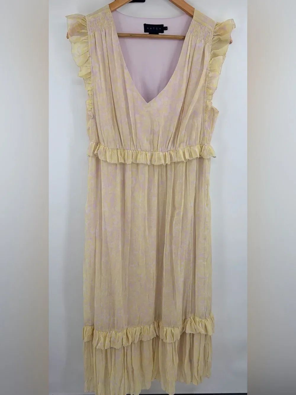 Hatch Maternity the Luna yellow lilac tiered hem ruffled trim midi dress women M